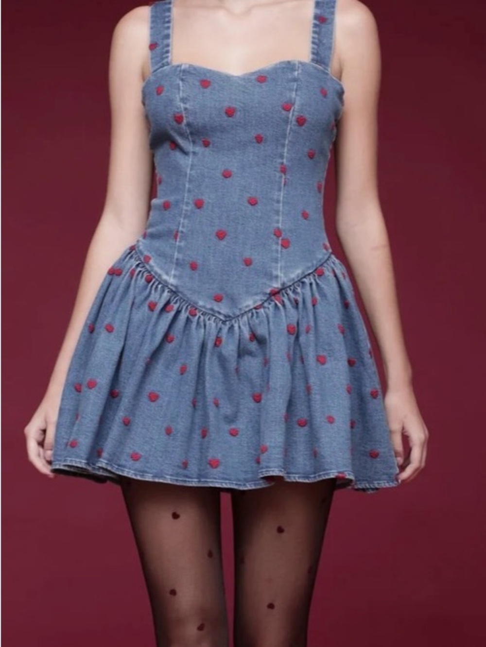 Avec les filles denim heart embroidered mini dress